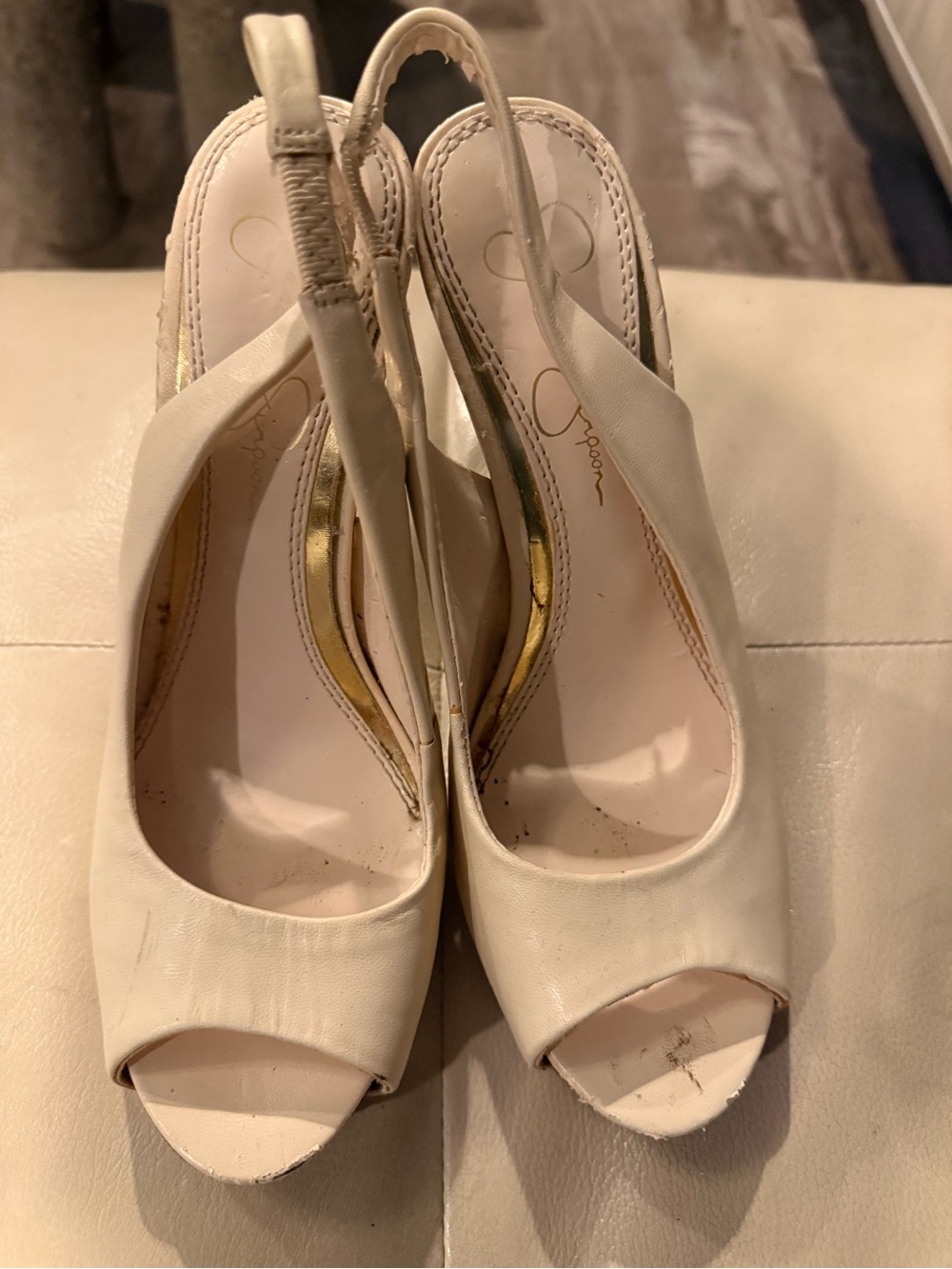 Jessica Simpson Cream Peep-Toe Slingback Heels with Gold Trim